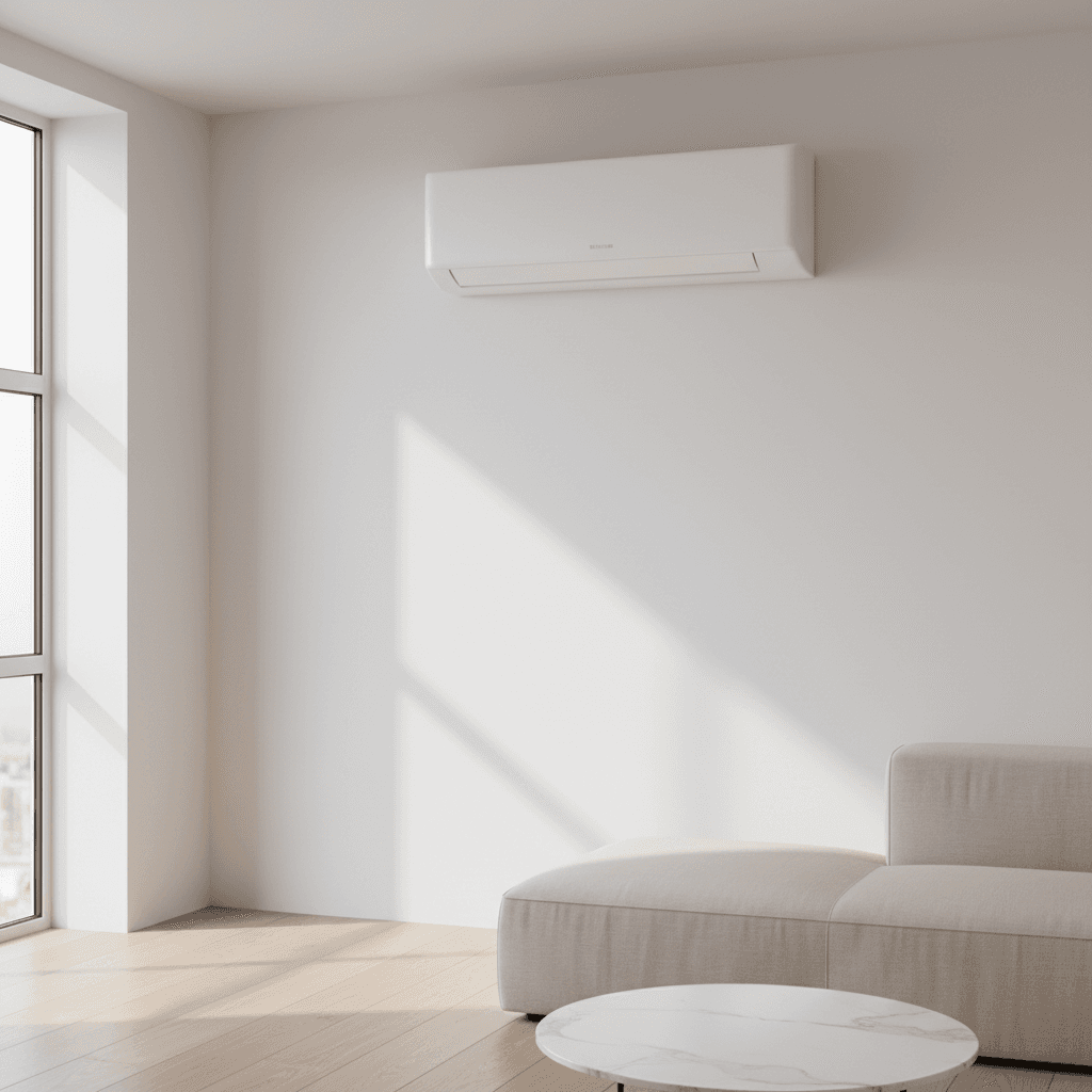 Modern split AC unit installed on a clean white wall in a stylish London home interior