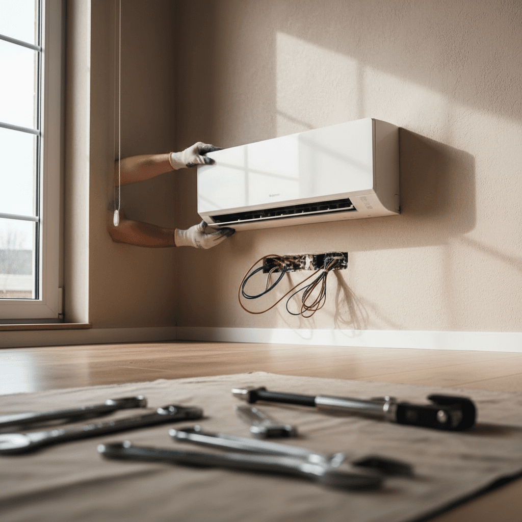 Technician installing a split-system air conditioning unit