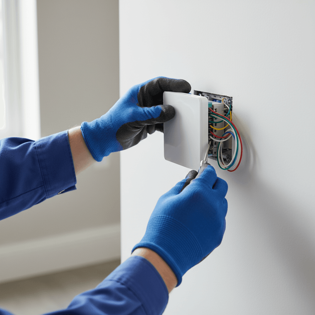 Close-up of technician reviewing AC system installation plans