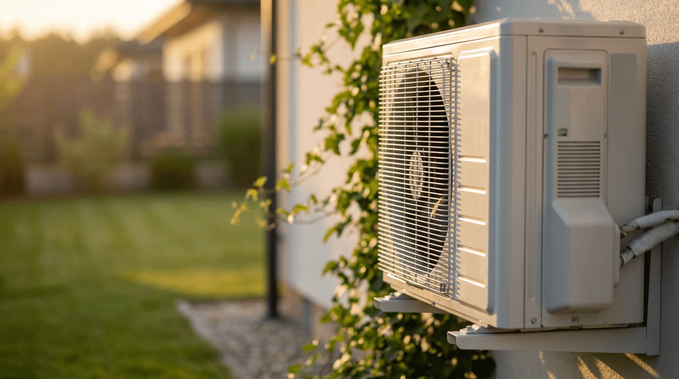 Residential air conditioning unit with metallic fins in golden sunlight, ivy swaying gently, soft blurred lawn background.