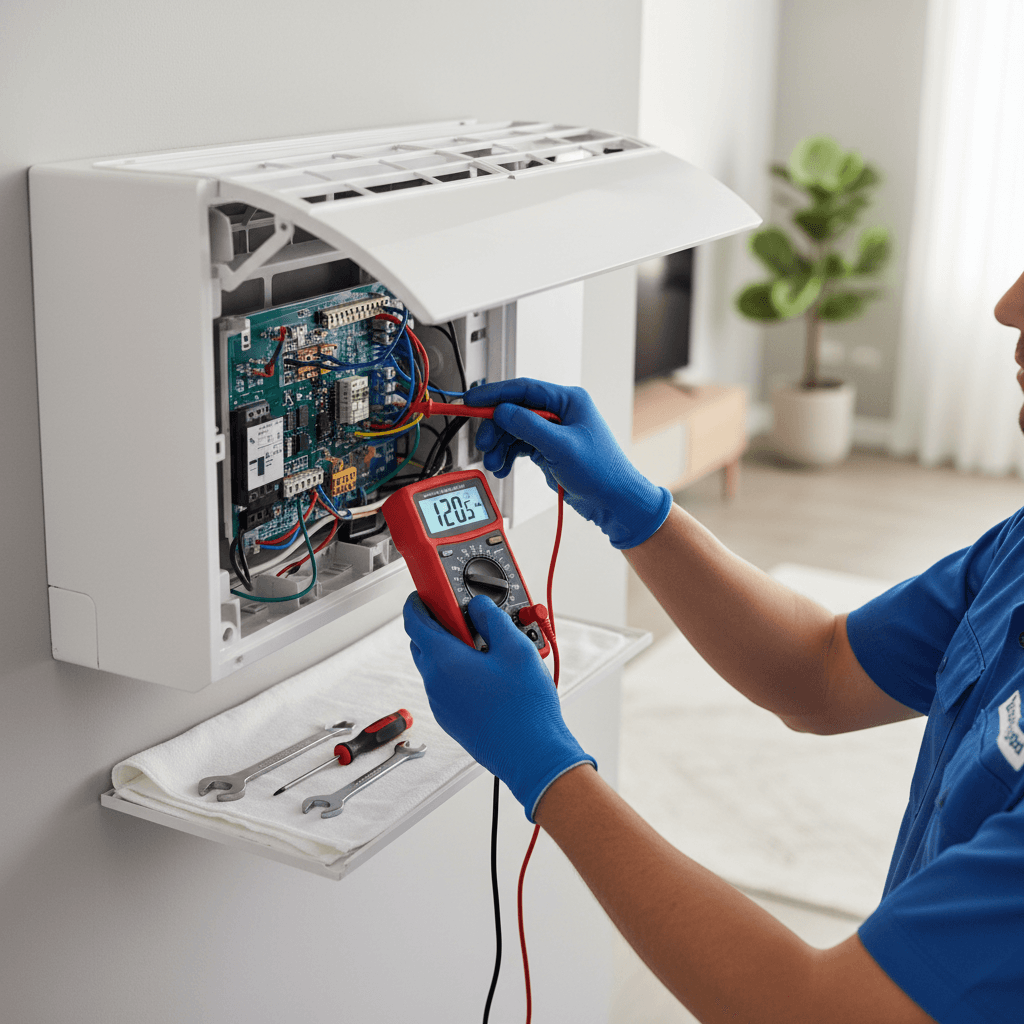 Technician diagnosing air conditioning malfunction