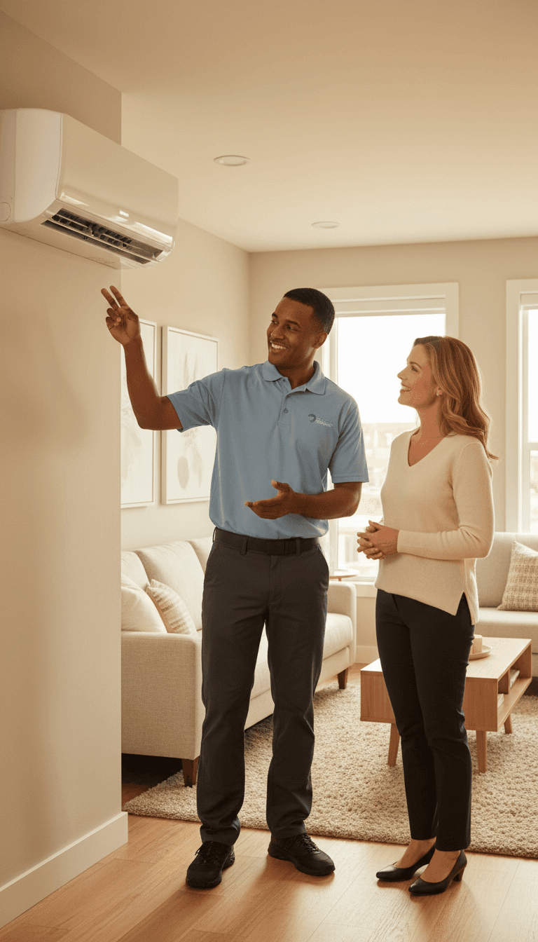 HVAC technician in residential home explaining wall-mounted air conditioning unit operation to satisfied homeowner