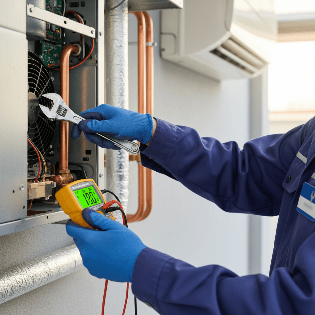 Technician performing maintenance on AC system