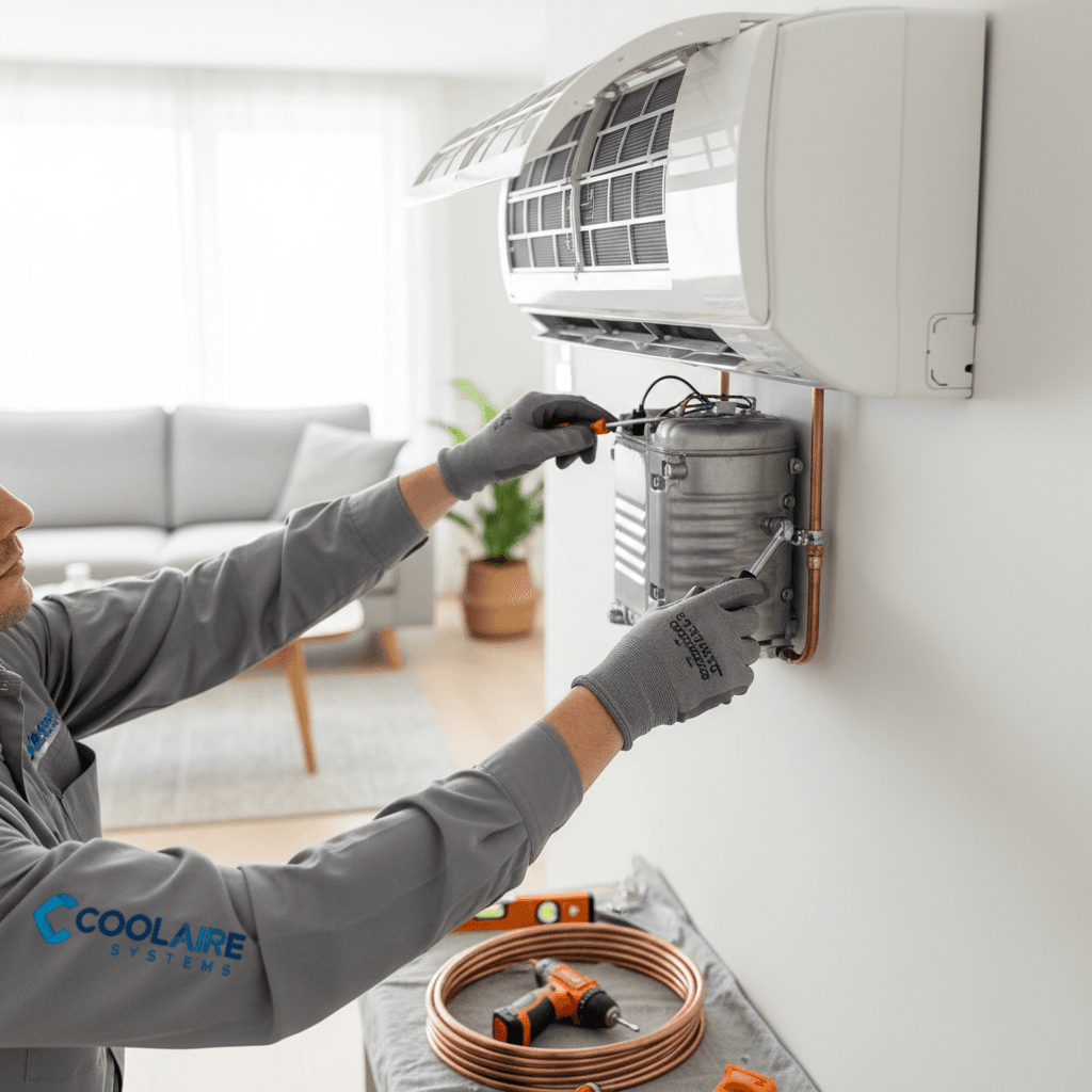 Professional HVAC technician in modern home with installed split AC unit