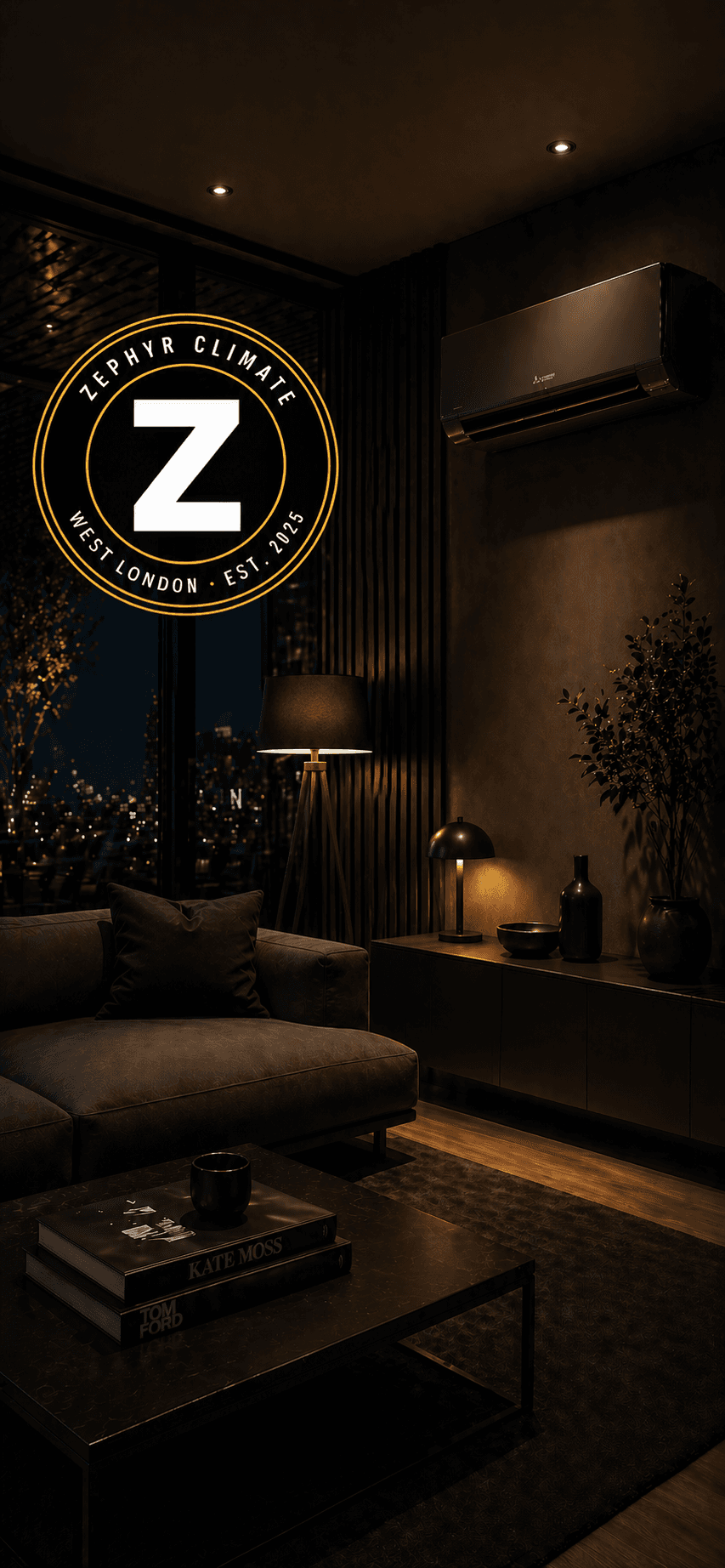 Modern dark living room featuring a black air conditioner, sleek furniture, and city night views.