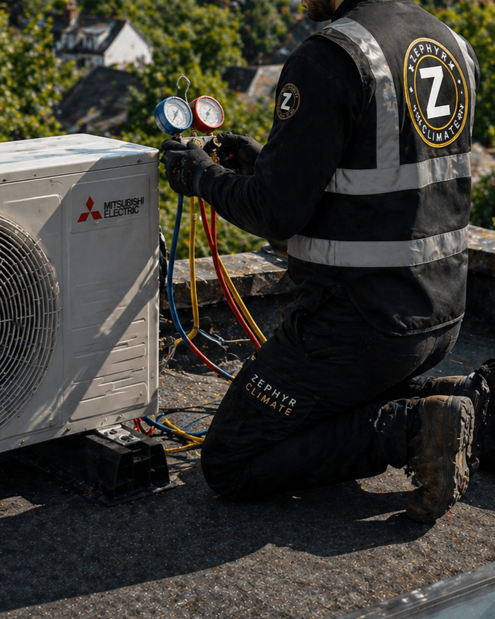 Zephyr Climate technician services a Mitsubishi Electric air conditioning unit using pressure gauges outdoors.