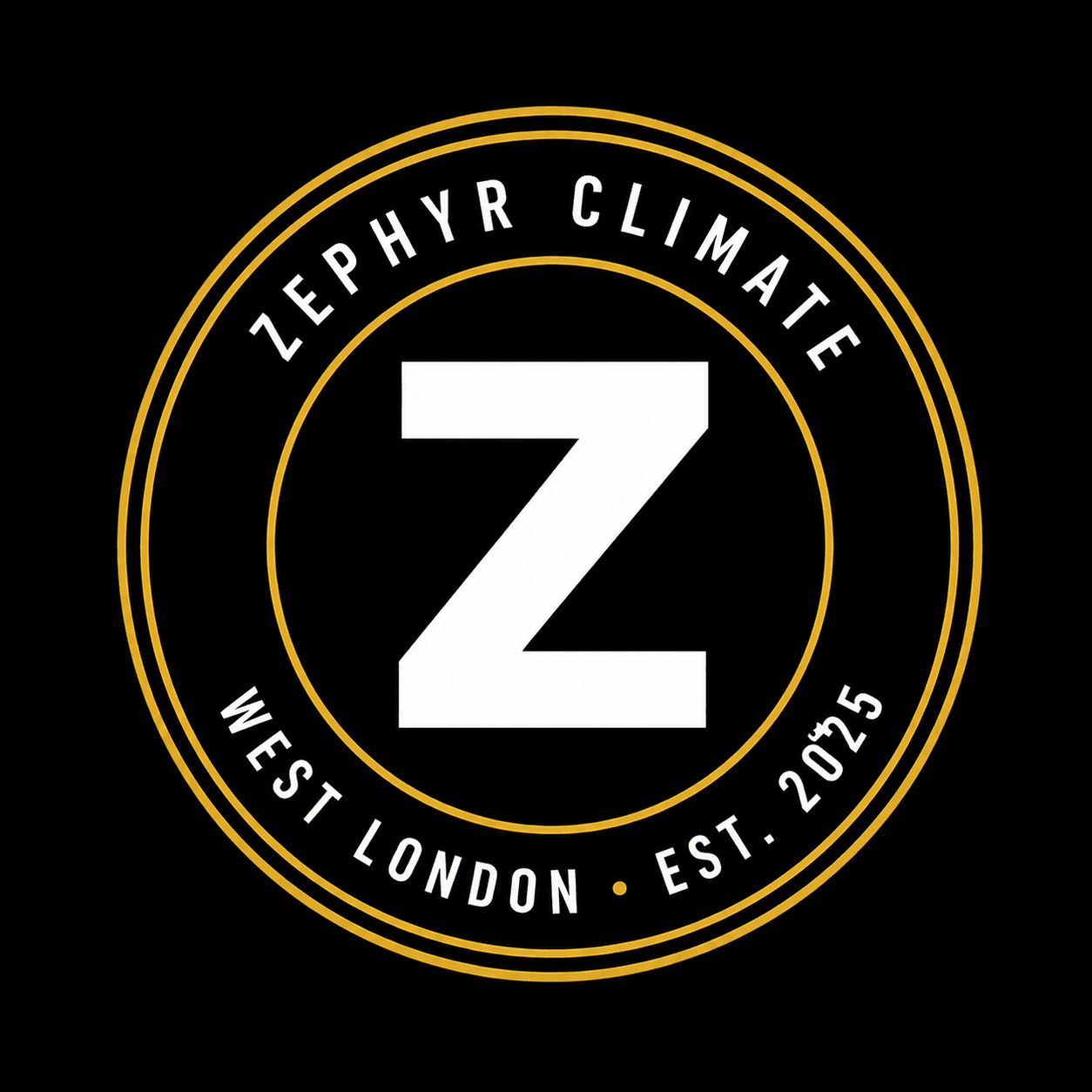 Black circular logo with white Z, gold borders, 'ZEPHYR CLIMATE', 'WEST LONDON', and 'EST. 2025'.